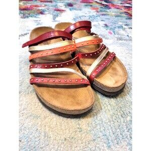Naot Prescott Red Orange Metallic Gold Leather Studded Strappy Sandals US 10 NEW